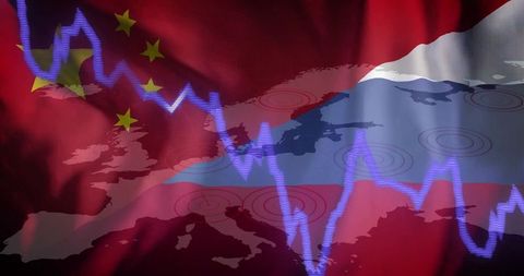 China russia flags blending over europe map with volatile market chart and target rings