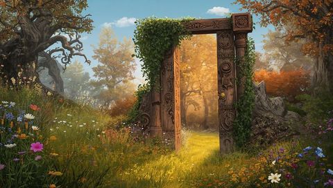 Mystical Wooden Doorframe in Enchanting Forest Clearing