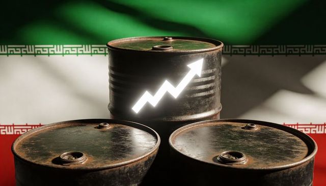 Rusty oil barrels with upward arrow over iranian flag symbolizing rising oil prices