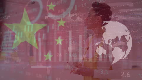 Businesswoman with China Flag and Global Data Projection