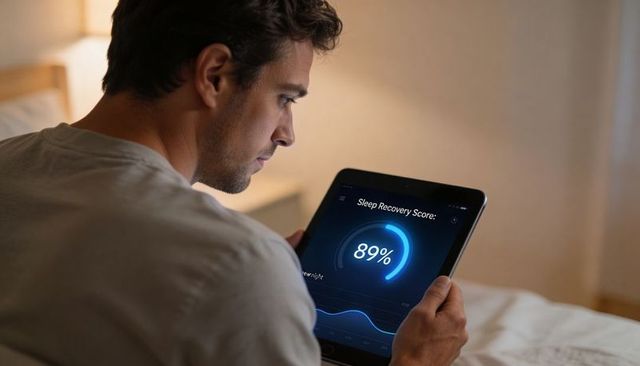 Young Man Checking Sleep Recovery Score on Tablet While Sitting in Bed at Night for Health