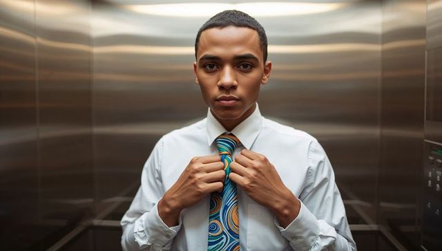 Young Professional Adjusting Colorful Tie in Stainless Elevator Confident Business Portrait