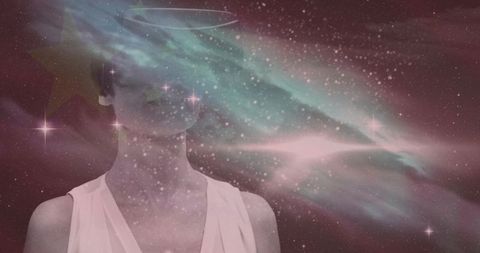 Ethereal mature woman with nebula halo double exposure portrait for spiritual themes