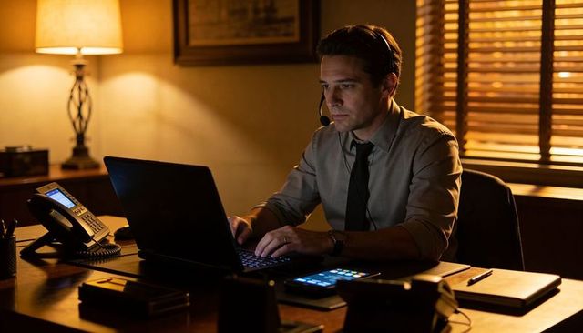 Focused businessman working late at desk with laptop and headset under warm lamp