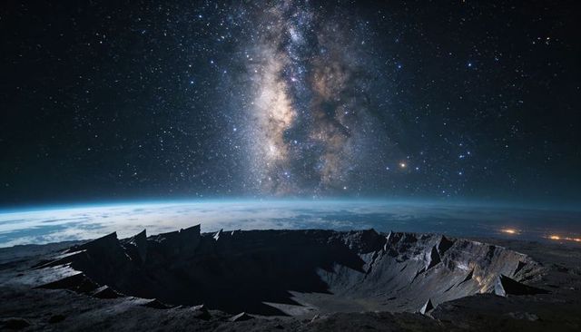 Jagged lunar impact crater under milky way rising over glowing planetary horizon