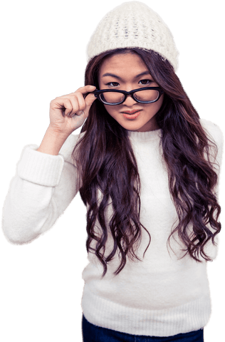 Transparent Portrait Asian Woman Holding Eyeglasses Smiling