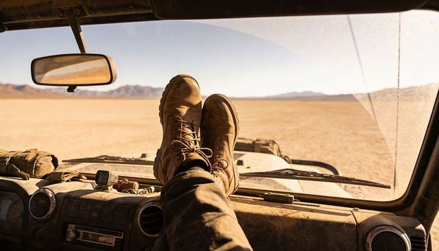Resting rugged boots on dusty dashboard, desert off-road adventure with gps navigation