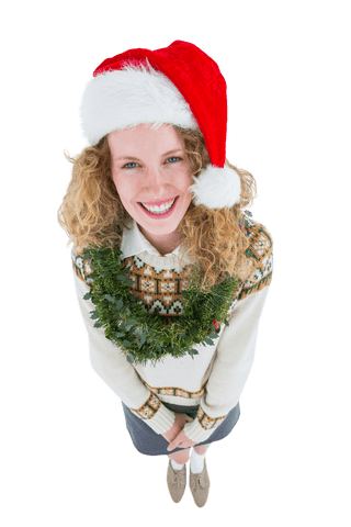 Transparent smiling festive woman in christmas hat
