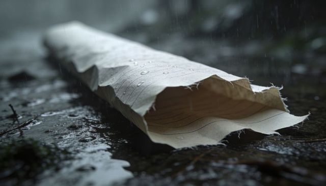 Torn lined notebook paper tube lying on wet ground with water droplets and moss