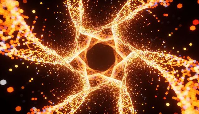 Swirling golden particle ribbons forming hexagonal vortex tunnel with bokeh lights