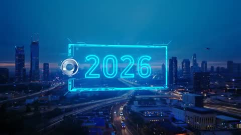 Futuristic 2026 Neon Hologram Floating Over Urban Highway Interchange at Twilight