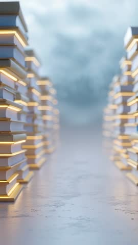 Vertical dolly between glowing book stacks revealing blue fog and reflective floor