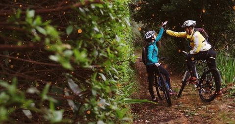 High-fiving cyclists celebrating on woodland trail during mountain biking adventure
