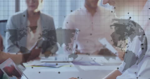 Global Business Strategy Meeting with Futuristic Data Overlay