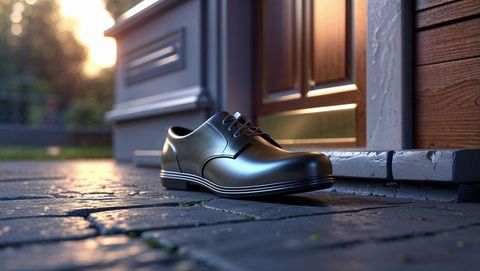 Black leather dress shoe on sunlit brick path outdoors