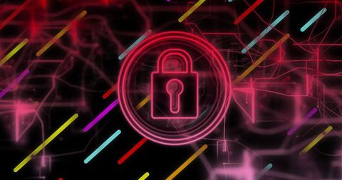Futuristic neon padlock icon in cybersecurity network