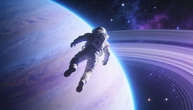 Astronaut floating above ringed gas giant, drifting past nebula and distant starfield