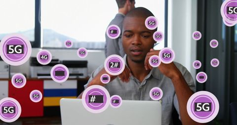 Tired professional experiencing 5g network overload in office
