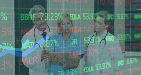 Medical Doctors Analyzing Data with Financial Graph Overlay