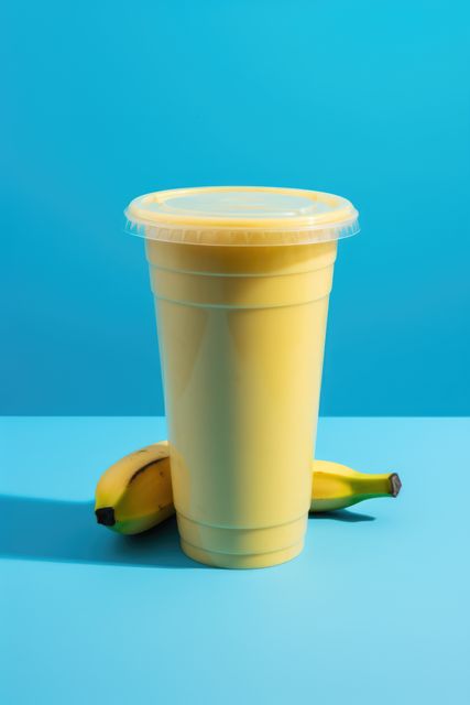 A fresh yellow smoothie in a plastic cup is placed next to ripe bananas against a bold blue background. This image emphasizes healthy and refreshing beverage choices, perfect for use in marketing materials for cafes, smoothie bars, or health-related products. The vibrant colors can attract attention in advertisements and social media posts.