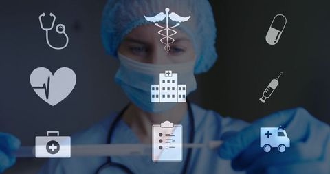 Clinician examining diagnostic test strip with medical icons overlay and ppe focus