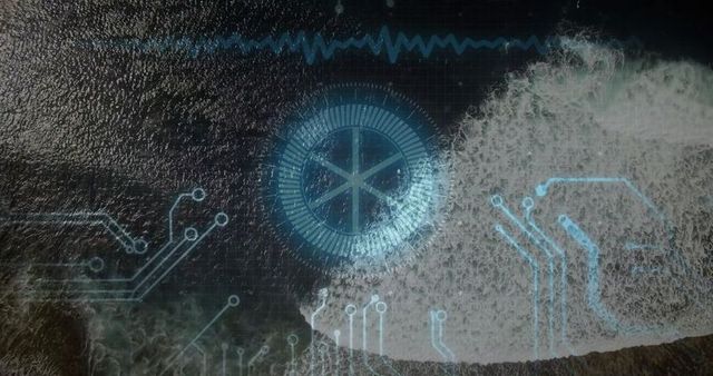 Futuristic digital interface over serene ocean waves