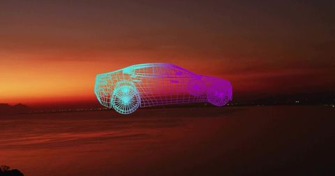 Levitating neon wireframe car hovering over calm coastline at sunset with cyan-magenta gradient