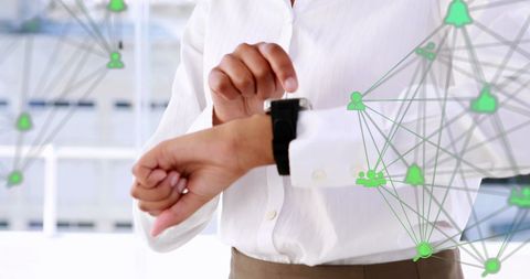 businesswoman using smartwatch with digital networking icons - Download Free Stock Images Pikwizard.com