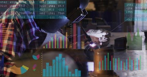 Female Welder Performing Arc Welding on Clamped Metal Part with Data Analytics Overlay