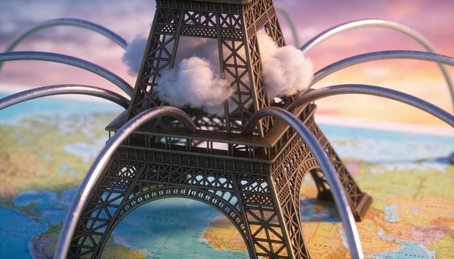 Mini eiffel tower on world map with metal arches and clouds symbolizing global travel