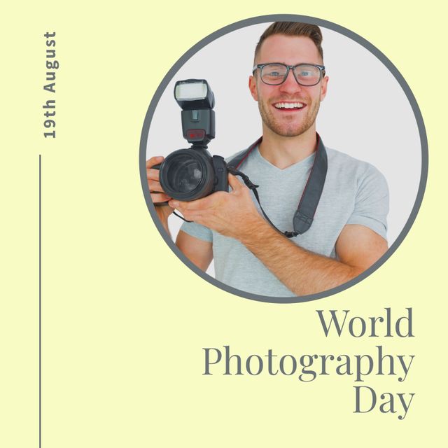 Happy Photographer Celebrating World Photography Day with Camera and Flash - Download Free Stock Templates Pikwizard.com