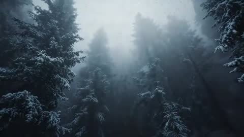 Tilting Up Through Snowy Pine Canopy Revealing Misty Light Over Winter Forest