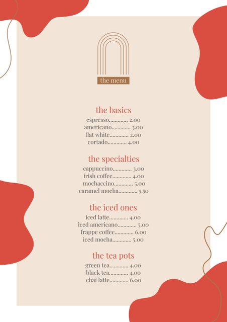 Elegant cafe menu design featuring vibrant red abstract patterns on a light brown background. Suitable for coffee shops and bistros looking to project a stylish and modern aesthetic. Ideal for print and digital use in enhancing cafe interior design, marketing materials, or online presence. Showcase a wide range of beverages including espresso, americano, flat white, cappuccino, iced latte, and various tea options.