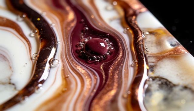 Glowing burgundy resin droplet with metallic copper shimmer and marbled pigment bands