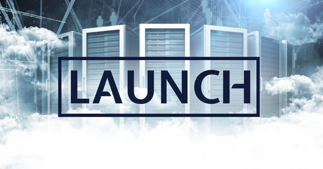 Depicts digital launch concept with server systems and cloud technology in background. Use for IT infrastructure, cloud computing, digital transformation articles, and tech startup visuals.
