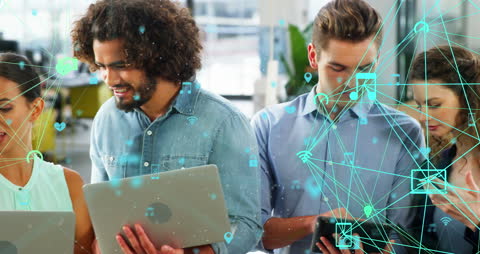 Diverse Team Using Digital Devices with Connection Overlay