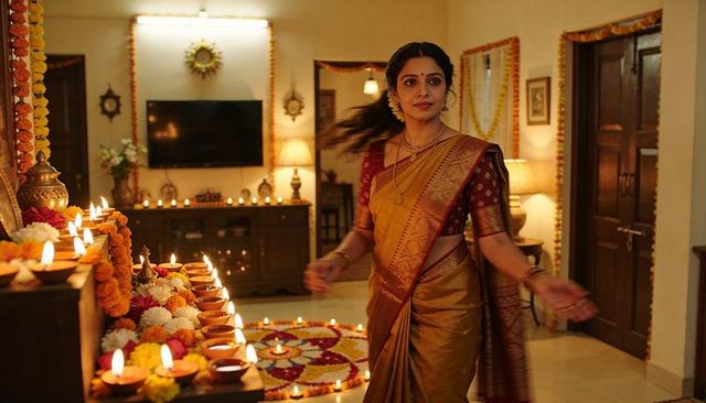 Indian woman in gold silk saree lighting diyas by rangoli during diwali home celebration