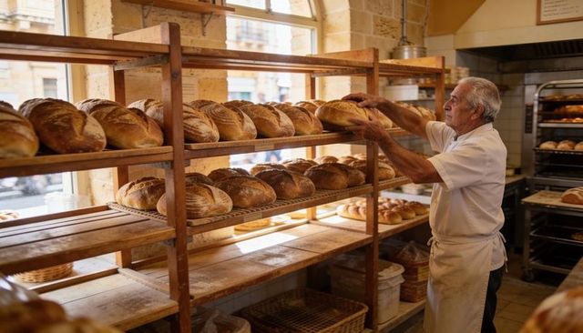 Senior baker arranging rustic sourdough loaves on wooden shelves in sunlit artisan bakery