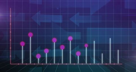 3D Bar Chart on Neon Grid with Magenta Data Points and Arrows