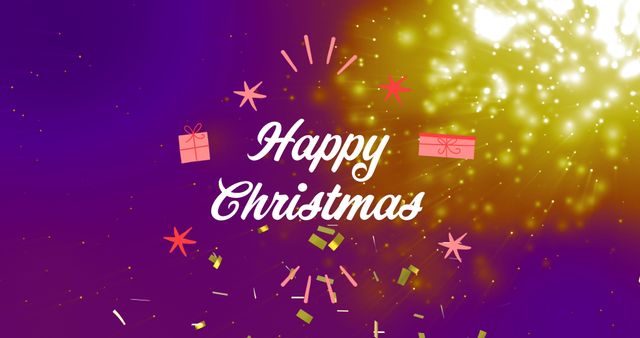 Celebrating the Christmas season with vibrant colors and festive spirit, this image features 'Happy Christmas' text adorned with confetti, decorative elements, and sparkling lights. Suitable for holiday-themed greeting cards, social media banners, festive advertisements, and various promotional materials to convey joy and celebration.