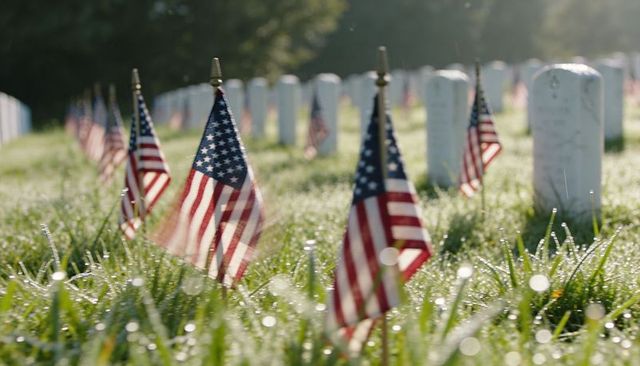 Dewy morning flags honoring fallen veterans at military cemetery with white headstones