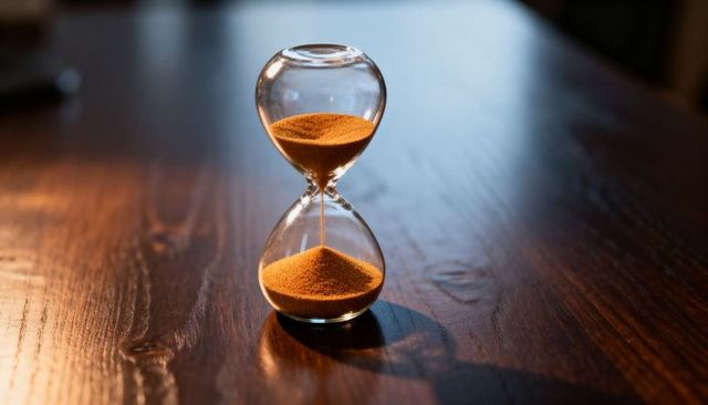 Golden hourglass pouring sand on polished wood table, warm side lighting and soft shadow