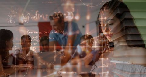 Teen Girl Engaging with Technology and Math Formulas Overlay