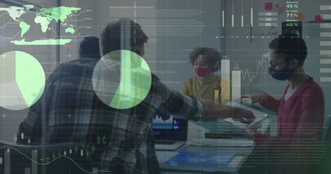 Team collaboration with digital data overlay in office setting