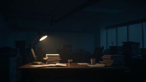 Dimly lit desk in open-plan office at night