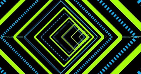 Neon diamond tunnel receding to vanishing point with cyan dashes and rotating squares