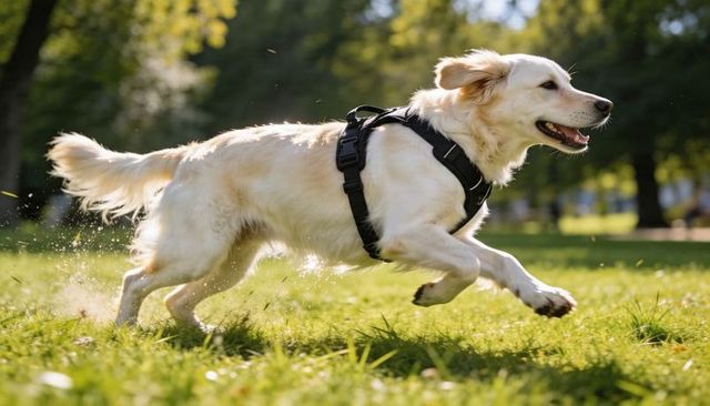 Golden retriever running across sunlit park wearing black harness, grass flying
