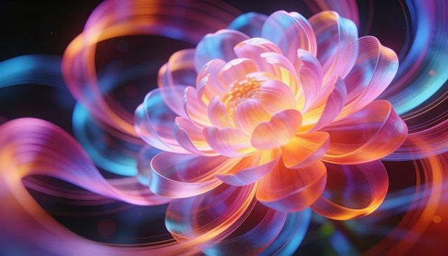 Glowing Abstract Blossom Emitting Swirling Neon Ribbons with Translucent Petals