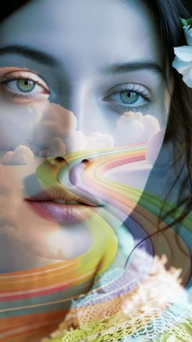 Ethereal Dreamscape Woman Blinking with Rainbow Ribbon Sweeping Across Face Vertical Video