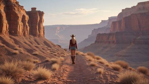 Cowgirl hiker exploring rugged red canyon landscape